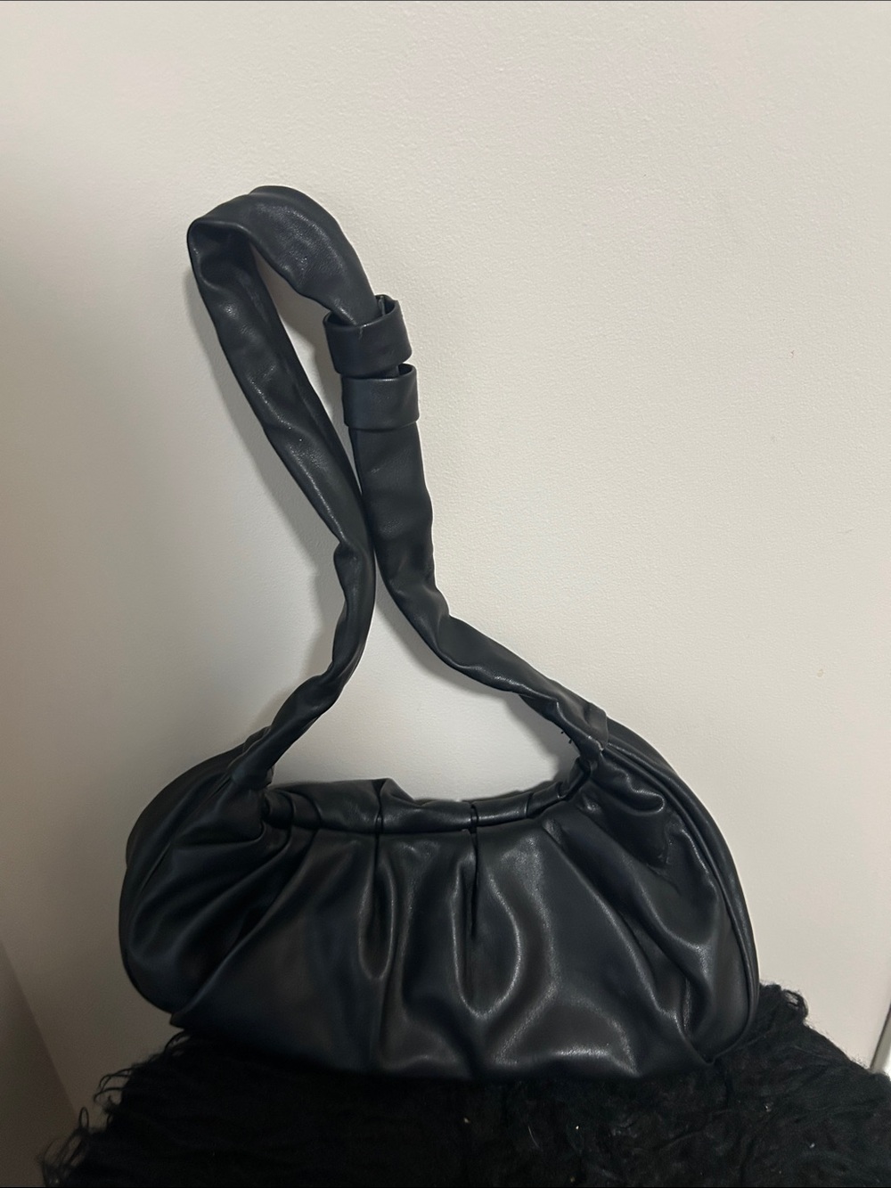 Gathered Black Shoulder Bag with Knotted Strap